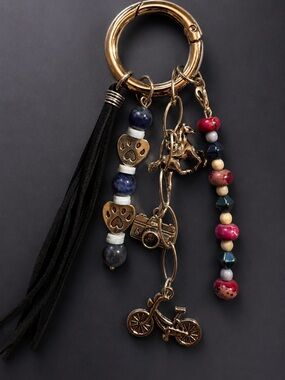 🐾 Silver Bag Charm/Key Ring with Suede Tassel, Charms & Beads